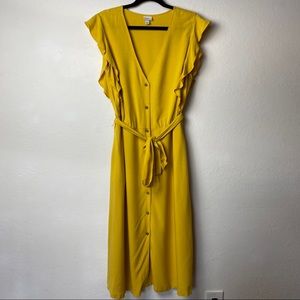 A new day mustard yellow button up tie waist midi dress size xl